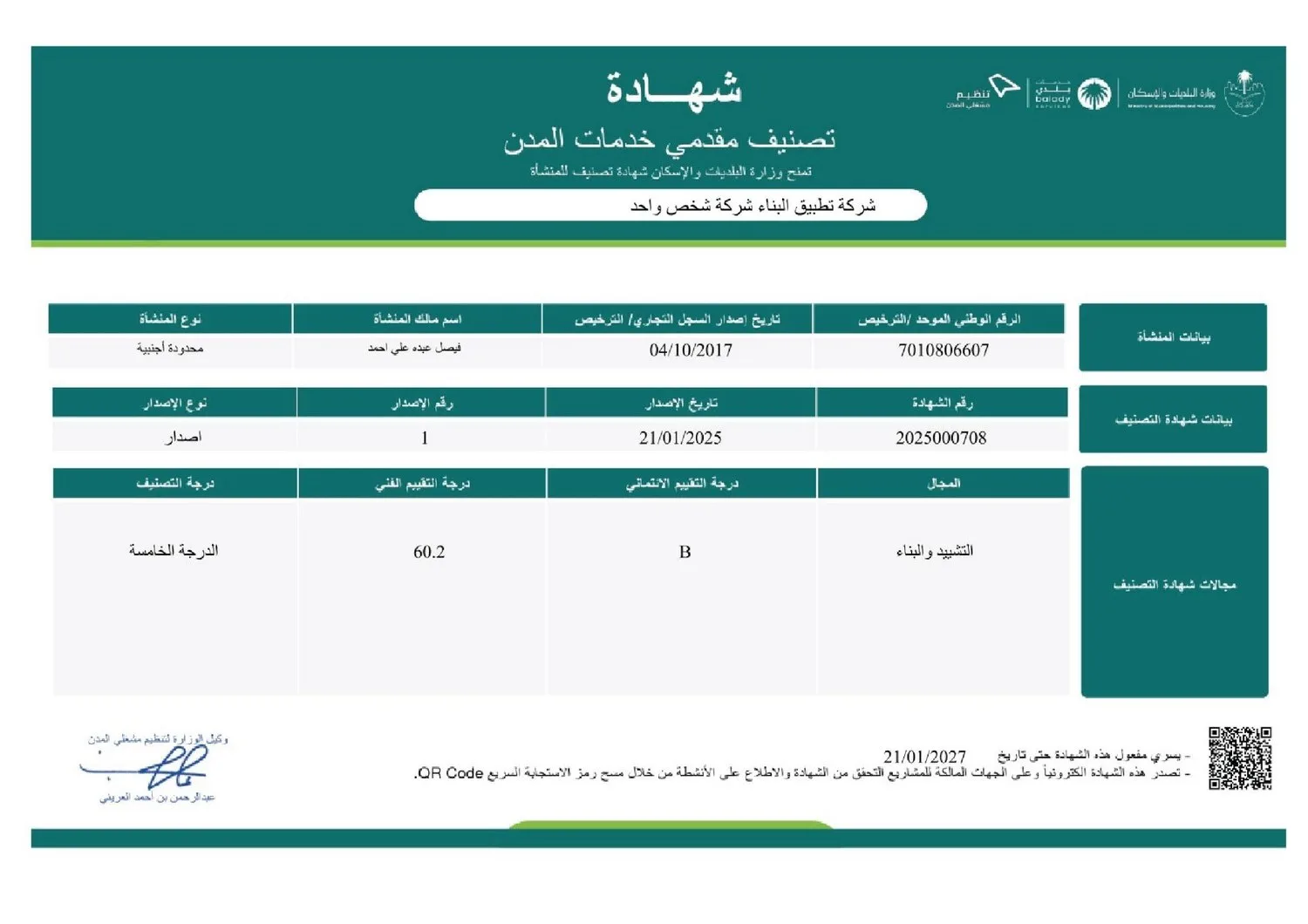 تصنيف المقاولين — الدرجة الخامسة